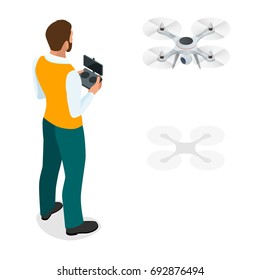 Isometric man with drone quadrocopter, Remote aerial drone with a camera taking photography or video recording game, isometrics businessman. On a light background. Vector illustration.