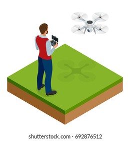 Isometric man with drone quadrocopter, Remote aerial drone with a camera taking photography or video recording game, isometrics businessman. On a light background. Vector illustration.