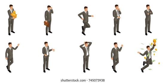 Isometric man with emotions, 3d businessman, in different poses with different emotions and movements. Use the appropriate character image for advertising concepts.