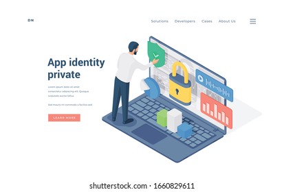 Isometric man entering secured private app by confirming identity on advertisement banner of online protection website