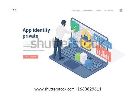 Isometric man entering secured private app by confirming identity on advertisement banner of online protection website