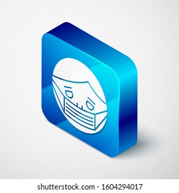 Isometric Man face in a medical protective mask icon isolated on white background. Quarantine. Blue square button. Vector Illustration