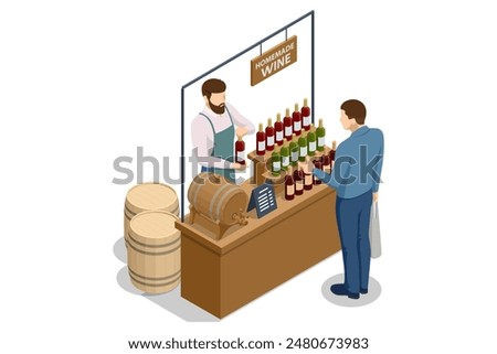 Isometric man farmer sells homemade wine. Wine from the vineyard. Sellers and marketing. Vineyard, traditional wine making and tasting.