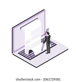 isometric man filling in paper on laptop computer screen. Scene for internet service, accept document, statistical research, Isometric vector illustration.