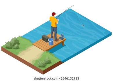 Isometric man is fishing by the riverbank. The fisherman with a rod in hand, surrounded by fishing gear like a tackle box, cooler, and net. Relaxation, hobby, and nature activities.