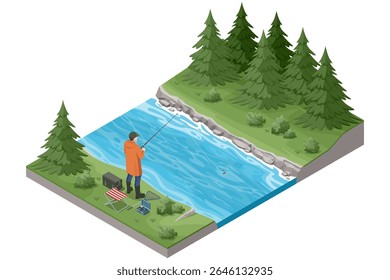 Isometric man is fishing by the riverbank. The fisherman with a rod in hand, surrounded by fishing gear like a tackle box, cooler, and net. Relaxation, hobby, and nature activities.