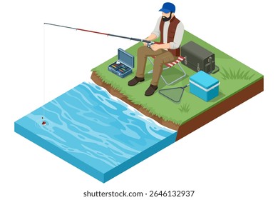Homem isométrico pescando na margem do rio. O pescador se senta em uma cadeira dobrável com uma vara na mão, cercada por equipamentos de pesca como uma caixa de equipamento, resfriador e rede. Calmo cena exterior representando