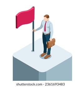 isometric man with a flag on the highest rung in color on a white background, business success or goal achievement