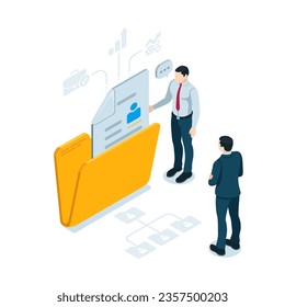 isometric man with a folder and a questionnaire in color on a white background, recruitment or job candidate folder