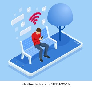 Isometric man in free internet zone using mobile gadgets, tablet pc and smartphone. WIFI zone. A man sits on a bench in the park and communicates in social networks.