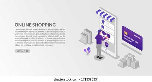 Isometric Man In Front Of Mobile Phone Shopping Online, Security Digital Payments Transaction