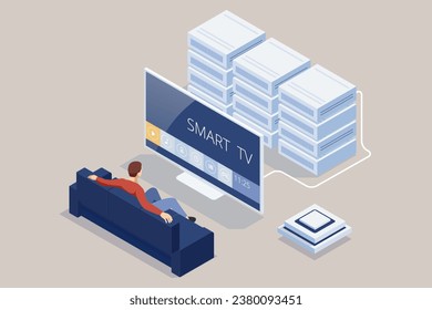 Isometric Man in Glasses is Sitting on a Sofa and Watching TV. Digital multimedia entertainment and media television broadcasting internet business concept.