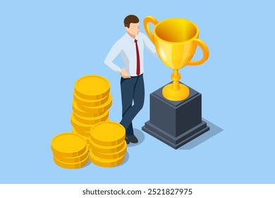 Homem isométrico, taça de ouro, moedas e dinheiro. Muito dinheiro. Sucesso no investimento, negócios, loteria. Sucesso, trabalho remoto. Conceito de ganho, gasto e economia de dinheiro