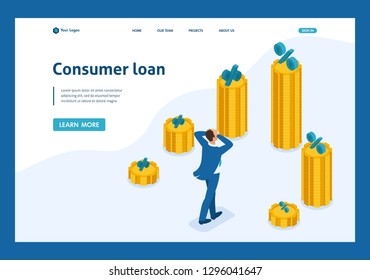 Isometric The man grabbed his head and looks at the amount of loans and their rates. Website Template Landing page.