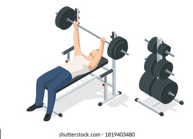 Isometric Man In Gym Exercising On The Bench Press. Sports and healthy lifestyle svg
