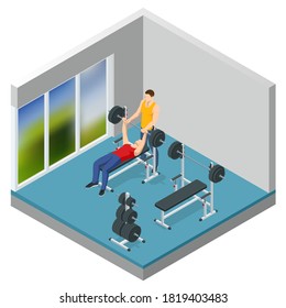 Hombre Isometismo En El Gimnasio Ejerciendo En La Prensa Del Banco. Deporte y estilo de vida saludable
