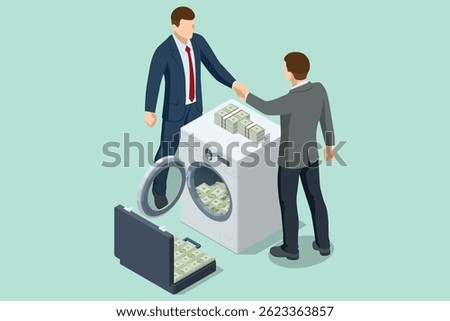 Isometric man hanging dollar bills on a line after washing them, representing the metaphor of money laundering and financial crime. AML Anti money laundering financial. Illegal money metaphor