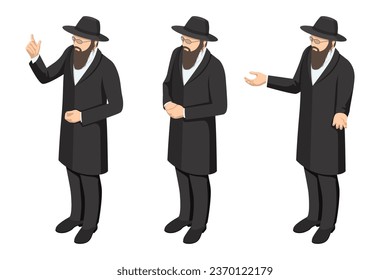 Isometric man in a hat and a long coat, a Jewish men. Religious Jew in traditional costume. Hasid with sidelocks. A man in a hat and a long coat.