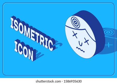 Isometric Man having headache, migraine icon isolated on blue background.  Vector Illustration