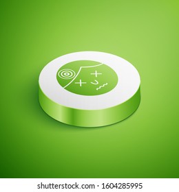 Isometric Man having headache, migraine icon isolated on green background. White circle button. Vector Illustration