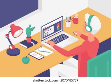 Isometric man with headphones working on home office laptop vector illustration. Cartoon 3d young businessman or student man character sitting at table by window to remote work or study background