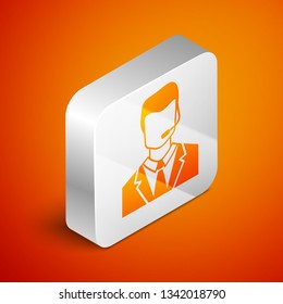 Isometric Man with a headset icon isolated on orange background. Support operator in touch. Concept for call center, client support service. Silver square button. Vector Illustration