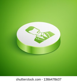 Isometric Man with a headset icon isolated on green background. Support operator in touch. Concept for call center, client support service. White circle button. Vector Illustration