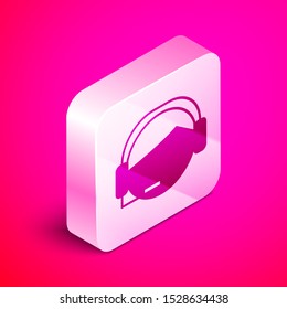 Isometric Man with a headset icon isolated on pink background. Support operator in touch. Concept for call center, client support service. Silver square button. Vector Illustration