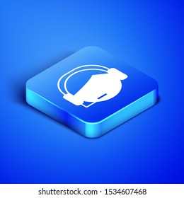 Isometric Man with a headset icon isolated on blue background. Support operator in touch. Concept for call center, client support service. Blue square button. Vector Illustration