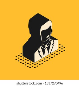 Isometric Man with a headset icon isolated on yellow background. Support operator in touch. Concept for call center, client support service.  Vector Illustration