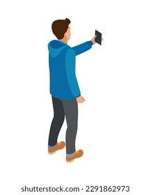 Isometric man holding card back view 3d vector illustration