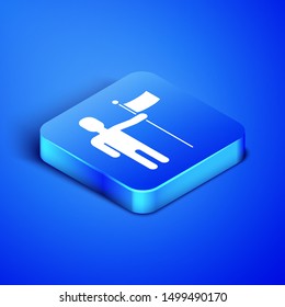 Isometric Man holding flag icon isolated on blue background. Blue square button. Vector Illustration