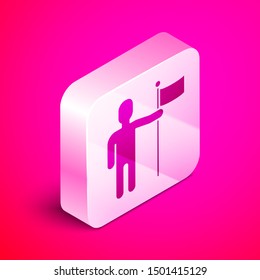 Isometric Man holding flag icon isolated on pink background. Silver square button. Vector Illustration