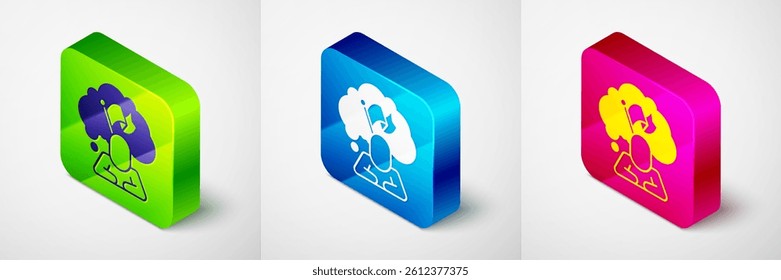 Isometric Man holding flag icon isolated on grey background. Victory, winning and conquer adversity concept. Square button. Vector