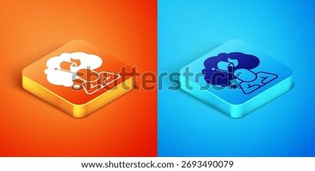 Isometric Man holding flag icon isolated on orange and blue background. Victory, winning and conquer adversity concept.  Vector
