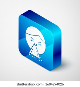 Isometric Man holding handkerchief or napkin to his runny nose icon isolated on white background. Coryza desease symptoms. Blue square button. Vector Illustration