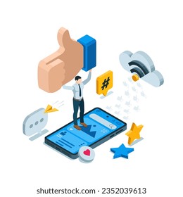 isometric man holding a like above his head while standing on a smartphone screen in color on a white background, social media leader or growing popularity
