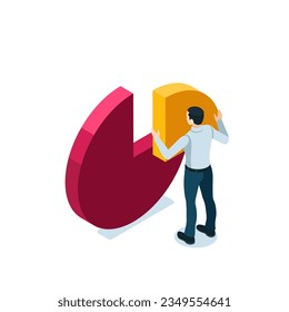 isometric man holding a piece of a pie chart in color on a white background, work with statistical data or financial share