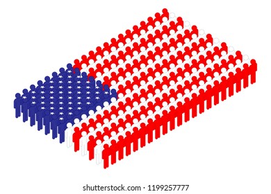 Isometric man icon pictogram in row, United States national flag shape concept design illustration isolated on white background, Editable stroke