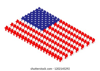Isometric man icon and school chair with writing pad pictogram in row, United States national flag shape concept design illustration isolated on white background, Editable stroke