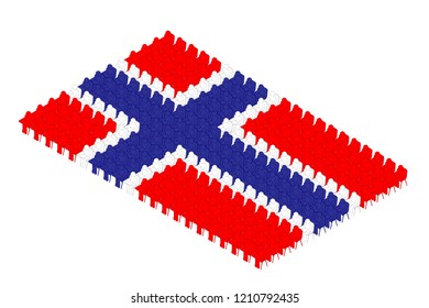 Isometric man icon and school chair with writing pad pictogram in row, Norway national flag shape concept design illustration isolated on white background