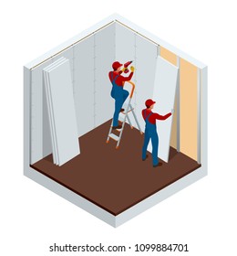 Isometric man installing drywall gypsum panels vector illustration. Construction building industry, new home, construction interior