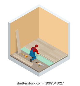 Isometric man installing new laminated wooden floor. Construction building industry, new home, construction interior. Vector illustration