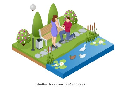 Isometric man kneels in front of a woman and holds a wedding ring. Wedding, family and love. Creating a new family. Wedding ring and gift box