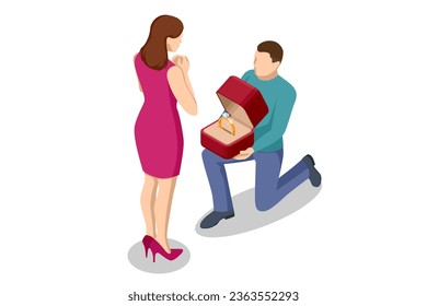 Isometric man kneels in front of a woman and holds a wedding ring. Wedding, family and love. Creating a new family. Wedding ring and gift box