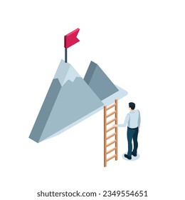 isometric man with a ladder stands in front of the top of the mountain with a flag in color on a white background, achieving business success or the path to the goal