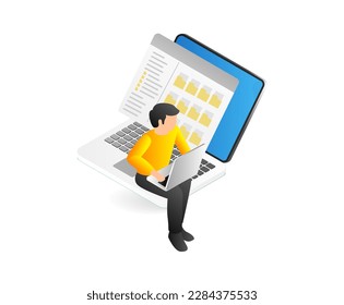 Isometric man with laptop and document on the screen. Vector illustration.