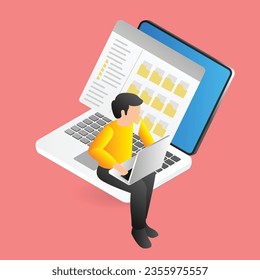 Isometric man with laptop and document on the screen. Vector illustration