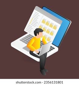 Isometric man with laptop and document on the screen. Vector illustration