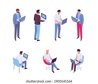 isometric man with laptop vector set. Programmer, business man isolated on white background